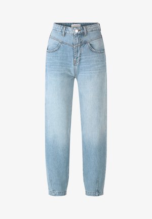Lichtblauwe high-waisted jeans met een ontspannen pasvorm, taps toelopende broekspijpen, voorke pocket en een knoopsluiting. Gemaakt van denim met een gladde textuur.
