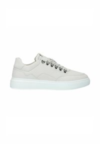 Light grey suede sneakers featuring a thick white sole, metal eyelets, and a minimalistic design with subtle stitching details.