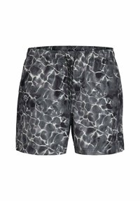 Costumi da bagno neri e grigi con un motivo a increspature d'acqua, cintura elastica e cordino nero con pois bianchi.