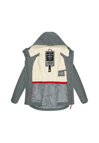 Szürke kabát puha krém színű béléssel, piros díszítéssel, kapucnival és több zsebbel. Tűzött belső réteggel és dekoratív címkékkel rendelkezik.