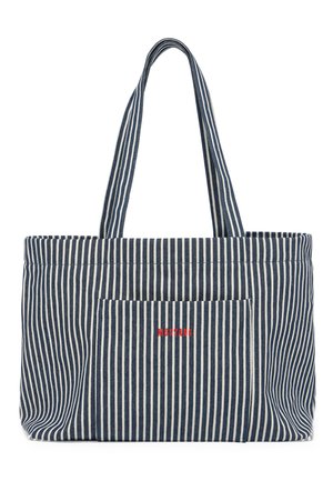 Blue and white vertical striped tote bag with front pocket and red "MUSTANG" logo embroidery, featuring two long handles.