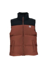 Veste sans manches matelassée avec col montant, corps marron, épaules noires, fermeture éclair frontale, deux poches latérales et un petit logo circulaire sur la poitrine.