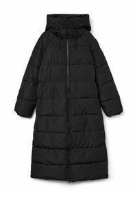 Melnā garā polsterētā mēteli ar kapuci, ar rāvējslēdzēju un divām sānu kabatām; tam ir quilted tekstūra un auklas, lai pielāgotu fit.