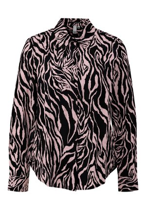 Pink and black zebra print shirt with long sleeves, collar, and button closure. Textured fabric with prominent stripes and subtle ribbing.