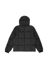 Zwarte pufferjack met een capuchon, voorzien van een gequilte uitstraling en elastische manchetten. Soepele/textuur, knielange snit en een boxy fit.