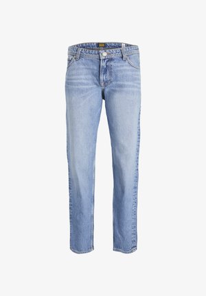 Jean denim bleu clair à coupe droite avec bouton à l'avant, fermeture éclair et passants pour ceinture, affichant une légère texture délavée sur les cuisses et les genoux.