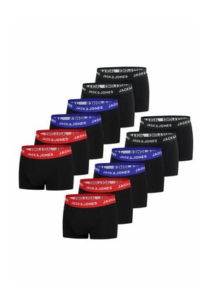 Zwarte katoenen boxershorts met elastische taillebanden in zwart, blauw en rood, met het "JACK & JONES" logo over de band.