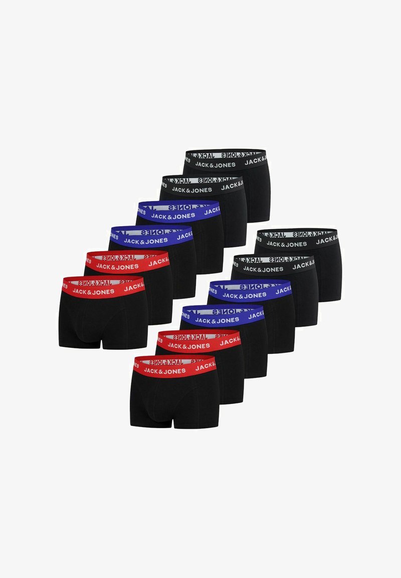 Zwarte katoenen boxershorts met elastische taillebanden in zwart, blauw en rood, met het "JACK & JONES" logo over de band.