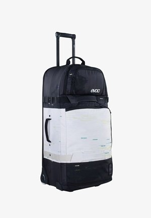 Rolkoffer met een zwart bovenstuk en een wit onderstuk met kleurrijke abstracte patronen; voorzien van uitschuifbare handgreep en wieltjes.