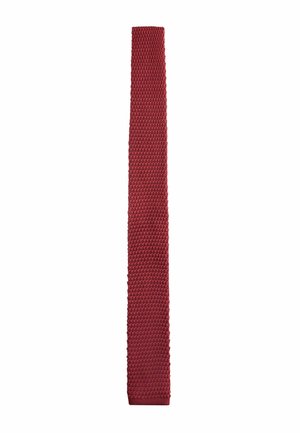 Knitted deep red necktie with a textured, honeycomb-like pattern and straight narrow shape.
