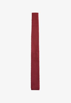 Knitted deep red necktie with a textured, honeycomb-like pattern and straight narrow shape.