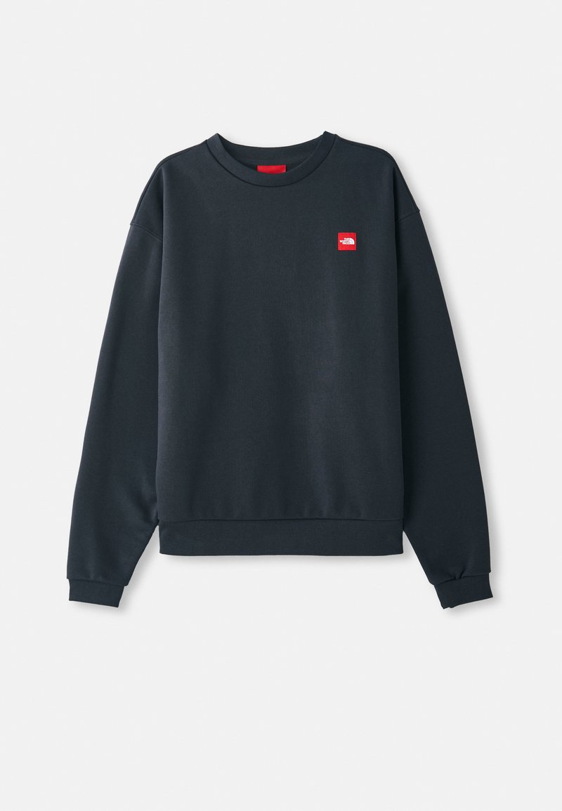 Sweat-shirt bleu marine foncé en tissu mélangé de coton. Doté d'un col ras du cou, de manches longues, de poignets côtelés et d'un petit logo rouge sur la poitrine.