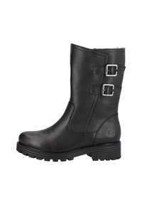 Botte de cheville noire imperméable en cuir texturé. Elle présente deux boucles en argent, une semelle robuste et un intérieur douillet pour la chaleur.