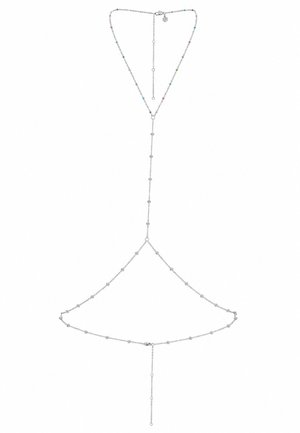 Zarte silberne Körperkette mit kleinen Perlen und farbigen Steinen, entworfen, um sich um den Hals, die Taille zu legen und den Torso zu verbinden.