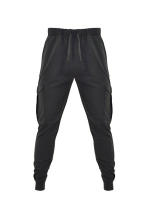 Sorte cargo-bukser med snoretræk i taljen, elastiske manchetter og sidelommer. Fremstillet af blødt stof med en glat overflade.