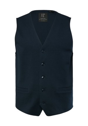 Chaleco sin mangas de color azul marino con escote en V, cierre de cinco botones y dos bolsillos frontales. Hecho de una tela suave con un diseño simple y limpio.