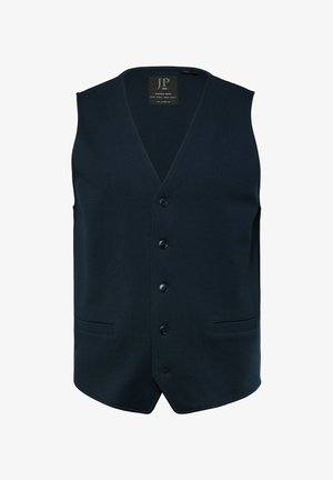Navyblauwe mouwloze vest met een V-hals, vijf knoopsluitingen en twee voorzakken. Gemaakt van een gladde stof met een eenvoudig, strak design.