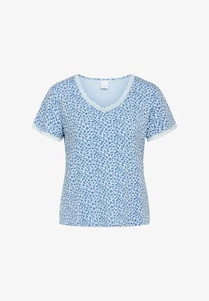 Blauw bloeiend kortetermijn top met een V-hals, met kantafwerking op de mouwen en halslijn, gemaakt van zachte, lichte stof.