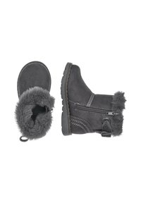 Stivali invernali grigi con rivestimento in pelliccia sintetica, esterno in suede texturizzato, zip laterale e suola in gomma con modelli di trazione.