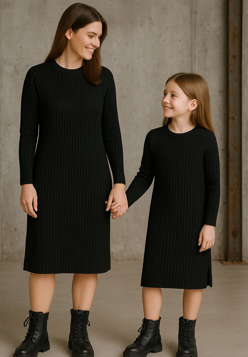 Zwei schwarze, gerippte Strickkleider mit langen Ärmeln, getragen von einer Frau und einem Mädchen, jeweils kombiniert mit schwarzen Schnürstiefeln.