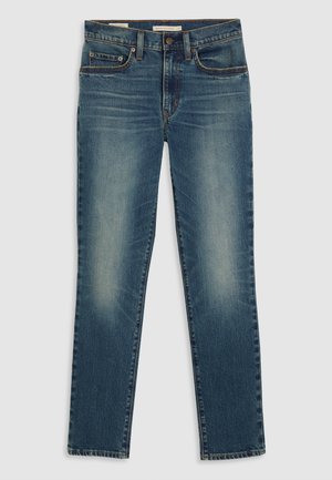 Blue denim jeans with a straight leg design. Features include five pockets, a zip fly, and subtle fading on thighs. Stitched accents throughout.