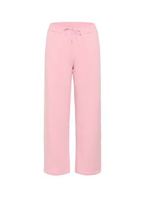 Pantaloni jogger rosa realizzati in tessuto morbido, dotati di una vita elastica con cordoncino, gambe larghe e una texture liscia.