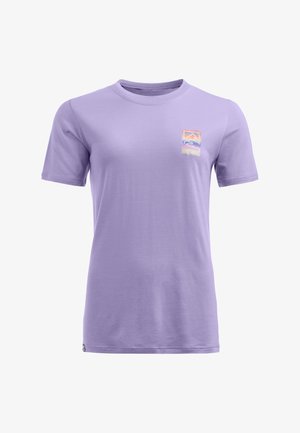 Lavender cotton t-shirt with short sleeves, a crew neckline, and a small multi-color graphic print on the left chest area.