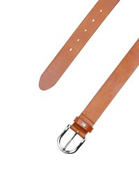 Tan leather belt with a smooth texture, featuring a silver metal buckle, and several adjustment holes along the length. Small logo attached near the buckle.