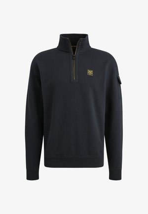 Sort pullover sweatshirt med halvlange lynlås, lange ærmer og en brystlomme. Lavet af blødt materiale med en subtil tekstur. Guld mærke patch.