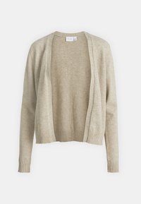 Beige svetr vyrobený z měkkého materiálu, s lehkým otevřeným předním dílem, žebrovanými manžetami a lemem. Jednoduchý design s mírně strukturovaným povrchem.
