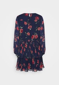 Robe fleurie bleu marine à manches longues avec des fleurs rouges, jupe plissée superposée et fermeture bouton à trou à l'arrière de l'encolure.