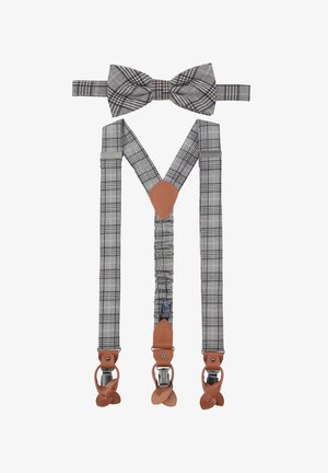 Graue karierte Hosenträger mit braunen Lederakzenten und Clips; einschließlich einer passenden Fliege. Das Material ist ein gewebter Stoff mit glatter Textur.