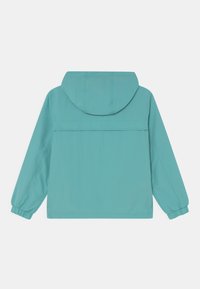 Teal hættetrøje med lange ærmer og elastiske manchetter, vist fra ryggen mod en ensfarvet hvid baggrund.