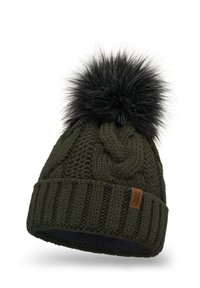 Dark green knitted beanie with a black pom-pom on top, featuring cable-knit design, ribbed cuff, and a small leather logo patch.