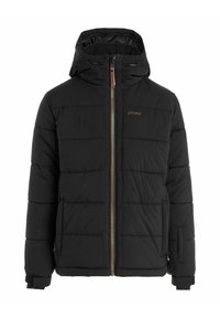 Doudoune noire avec capuche, fermeture éclair et accents en bronze. Présente des sections matelassées et des poignets élastiques pour une meilleure isolation.