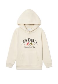 Felpa crema con tasca frontale, caratterizzata da un logo e tre bandiere colorate. Realizzata in tessuto morbido con una vestibilità comoda e cappuccio regolabile.