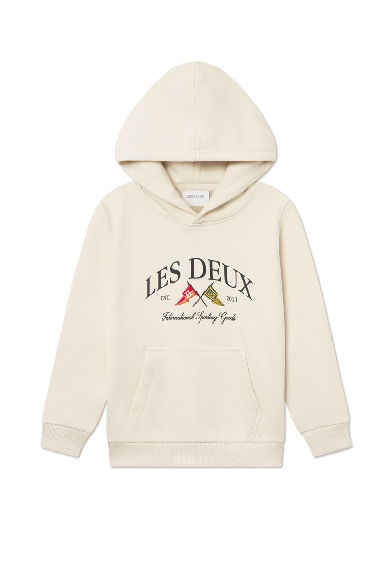 Felpa crema con tasca frontale, caratterizzata da un logo e tre bandiere colorate. Realizzata in tessuto morbido con una vestibilità comoda e cappuccio regolabile.