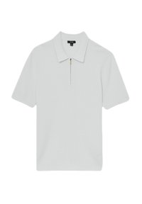 Hellgraues Poloshirt aus strukturiertem Stoff, mit einem Kragen und einem halben Reißverschluss vorne. Kurzarm.