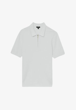 Hellgraues Poloshirt aus strukturiertem Stoff, mit einem Kragen und einem halben Reißverschluss vorne. Kurzarm.