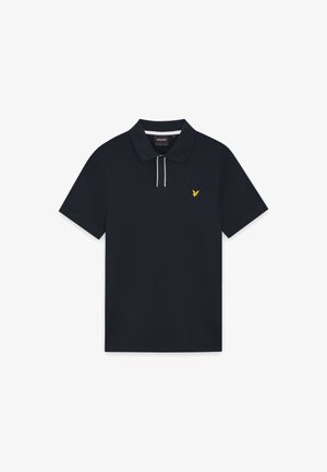 Maglietta polo a maniche corte blu navy con colletto, due strisce bianche sulla patta e un piccolo logo giallo a forma di uccellino sul petto.