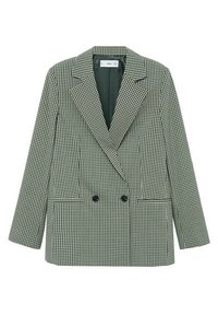 Veste à carreaux verts et noirs avec devant croisé, revers  à pointes et deux poches avant, présentant une texture lisse et une coupe ajustée.