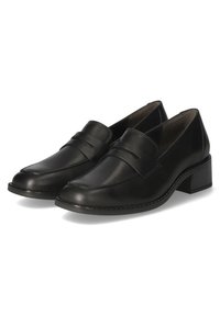 Schwarze Leder-Slipper mit rundem Zehenbereich, niedrigem Blockabsatz und dekorativer Naht entlang der Kanten. Glatte Textur mit minimalistischem Design.