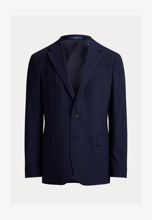 Mörkblå, ränderad kavaj i tyg med slät textur. Har slag med hack, en knappstängning och två framfickor.