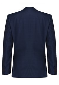 Marineblauer Blazer mit strukturierter Oberfläche, slim fit Design, mit einer mittigen Schlitze auf der Rückseite und braunen Knopfakzenten an den Ärmeln.