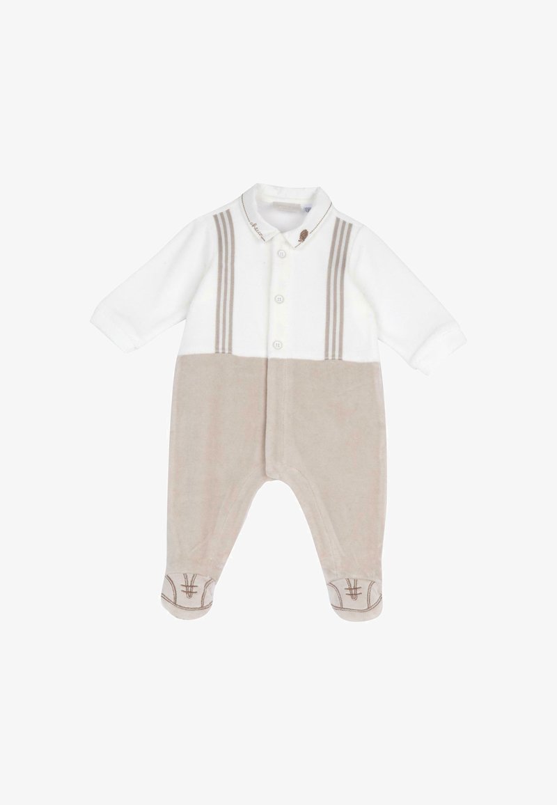 Grenouillère bébé blanche et beige à manches longues, boutons devant, détails rayés sur la poitrine, et motifs de chaussures brodés sur les pieds intégrés.