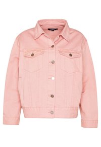 Rosa denimjacka med krage, framknäppning och två bröstfickor. Har sydda detaljer och en kortad passform.