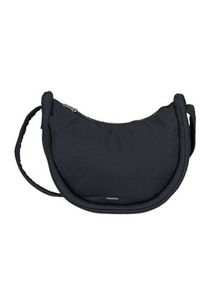 Black half-moon shaped crossbody bag with padded edges and a zipper closure, featuring a thin adjustable strap.