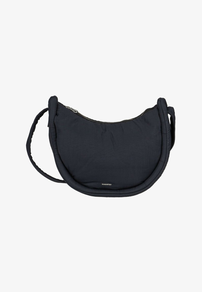 Black half-moon shaped crossbody bag with padded edges and a zipper closure, featuring a thin adjustable strap.