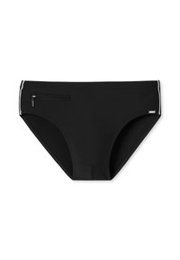Schwarze Schwimmshorts aus elastischem Material, mit einer seitlichen Reißverschlusstasche, weißen Akzenten und einer konturierten Form für optimalen Komfort.