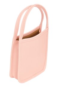 Borsa tote in pelle rosa con forma strutturata, dotata di due manici e design semplice con cuciture a vista e fodera interna marrone.